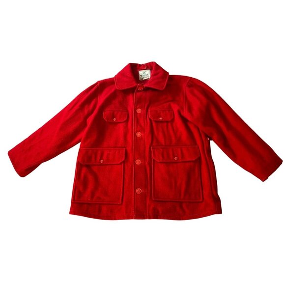 Vintage Johnson Woolen Mills Red Wool Jacket Size 44 USA Buttons 4 Pockets - Picture 1 of 12